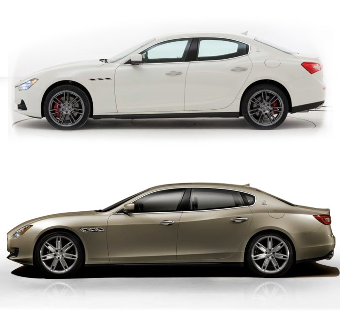 Maserati Ghibli (on top) and Maserati Quattroporte. The first one will be positioned in E-Segment for those looking for a premium and sporty sedan. The Quattroporte is intended to be the extra luxury car for those looking for comfort. 