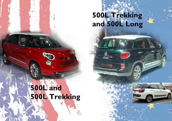 USA will receive the 500L and 500L Trekking starting at $19.100 for the Pop version with 160 hp and 6 manual speed gearbox. At the same time Fiat will introduce the 500L Trekking in Europe starting at 19.650 euros with 95 hp. The 500L for 7 passenger will also make its debut but official presentation may take place in Frankfurt 2013. Unfortunately the US version of the 500L will initially be offered with manual gear box and only one version with automatic transmission. This won't help to have big sales. Photo by Autoitalia.nl, fiat500usa.com, and me.