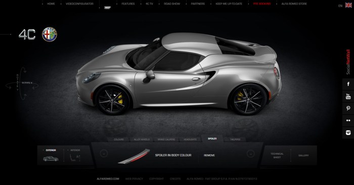 The 360 Customizer is another hot feature of the 4C car configurator. The car can be configurated from many angles.