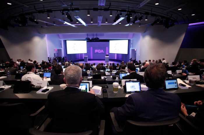 AUBURN HILLS, MI - MAY 6: Fiat Chrysler Automobiles (FCA) Group Chief Executive Officer Sergio Marchionne presents the Group's 2014-2018 Business Plan to investors, financial analysts, and key stockholders at the company's 2014 Investor Day at the Chrysler Group headquarters May 6, 2014 in Auburn Hills, Michigan. The event included an overview of the FCA Group strategic plans. (Photo by Bill Pugliano/Getty Images)